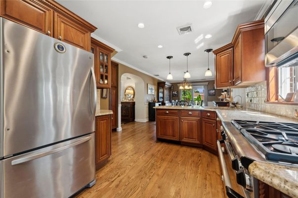 Interior, Kitchen, Pendant Lights, Recessed Lighting, Stainless Steel Appliances, Wood Texture Flooring