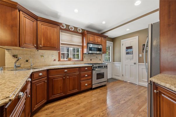 Interior, Kitchen, Recessed Lighting, Stainless Steel Appliances, Wood Texture Flooring