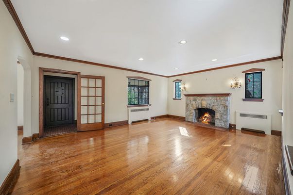 Fireplace, Interior, Recessed Lighting, Wood Texture Flooring