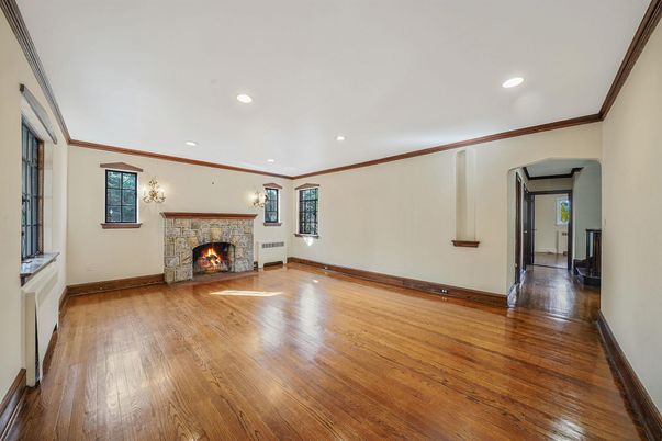 Empty room, Fireplace, Interior, Recessed Lighting, Wood Texture Flooring