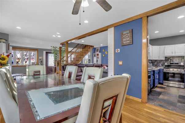 Dining room, Interior, Kitchen, Living room, Recessed Lighting, Stainless Steel Appliances, Wood Texture Flooring