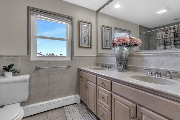 Bathroom, Dual Sink Vanities, Interior, Recessed Lighting, Tile Countertops