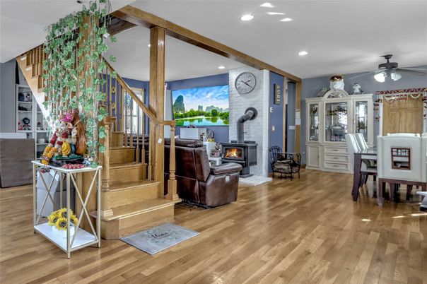 Fireplace, Interior, Recessed Lighting, Stone Walls, Wooden Beams, Wood Texture Flooring