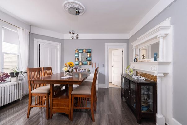 Dining room, Fireplace, Interior, Pendant Lights, Wood Texture Flooring
