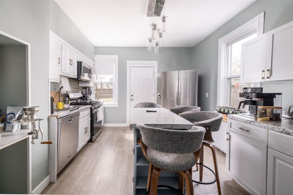 Interior, Kitchen, Pendant Lights, Stainless Steel Appliances, Wood Texture Flooring