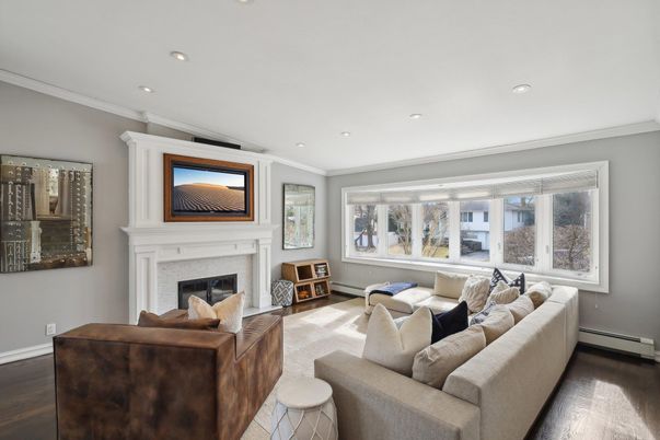 Fireplace, Interior, Living room, Recessed Lighting, Wood Texture Flooring