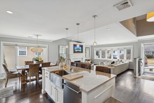 Dining room, Fireplace, Interior, Kitchen, Living room, Pendant Lights, Recessed Lighting, Wood Texture Flooring