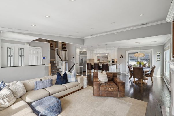 Dining room, Interior, Kitchen, Living room, Pendant Lights, Recessed Lighting, Stainless Steel Appliances, Wood Texture Flooring