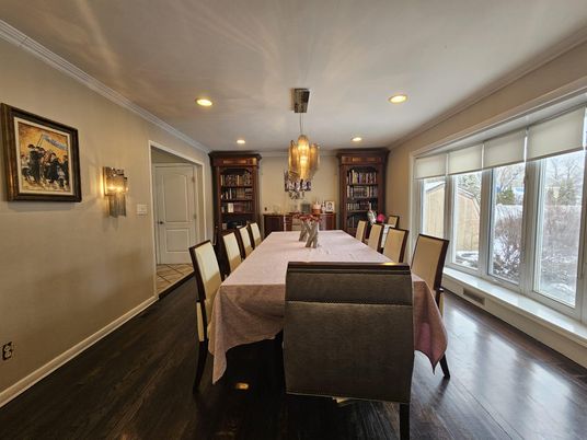 Dining room, Interior, Pendant Lights, Recessed Lighting, Wood Texture Flooring