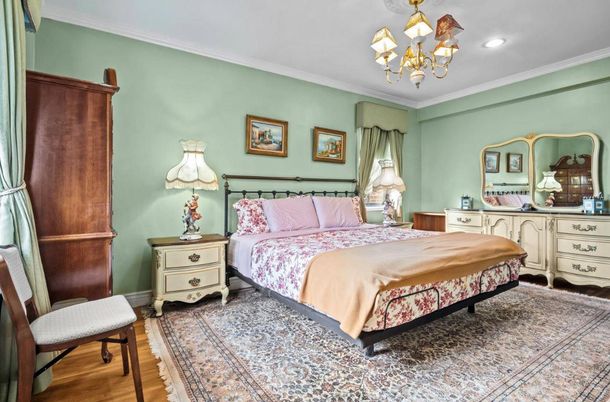 Bedroom, Chandelier, Interior, Recessed Lighting, Wood Texture Flooring