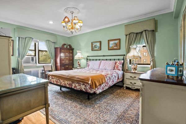 Bedroom, Chandelier, Interior, Recessed Lighting, Wood Texture Flooring