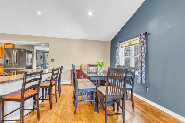 Dining room, Interior, Kitchen, Recessed Lighting, Stainless Steel Appliances, Wood Texture Flooring