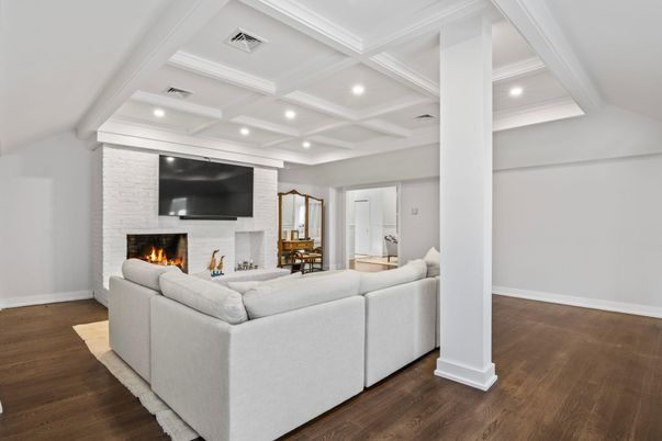 Fireplace, Interior, Living room, Recessed Lighting, Wood Texture Flooring
