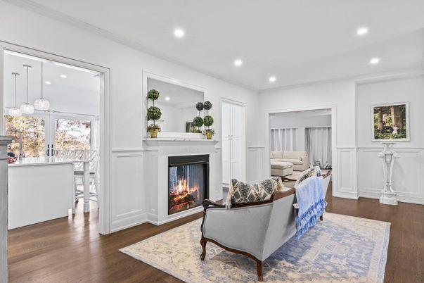 Fireplace, Interior, Living room, Pendant Lights, Recessed Lighting, Wood Texture Flooring