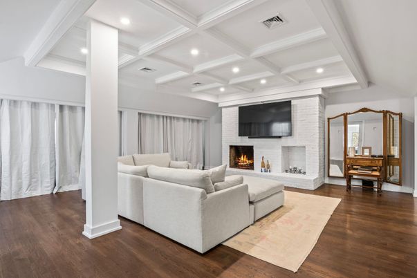 Fireplace, Interior, Living room, Recessed Lighting, Wood Texture Flooring