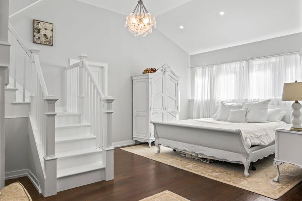 Bedroom, Chandelier, Interior, Recessed Lighting, Wood Texture Flooring