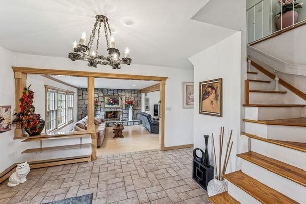 Chandelier, Fireplace, Interior, Living room, Recessed Lighting, Wood Texture Flooring
