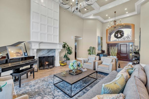 Chandelier, Fireplace, Interior, Living room, Piano, Recessed Lighting, Wood Texture Flooring