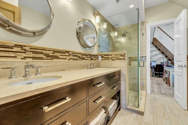Bathroom, Dual Sink Vanities, Glass Shower, Interior, Recessed Lighting
