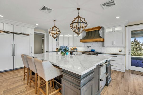 Chandelier, Interior, Kitchen, Recessed Lighting, Stainless Steel Appliances, Wood Texture Flooring