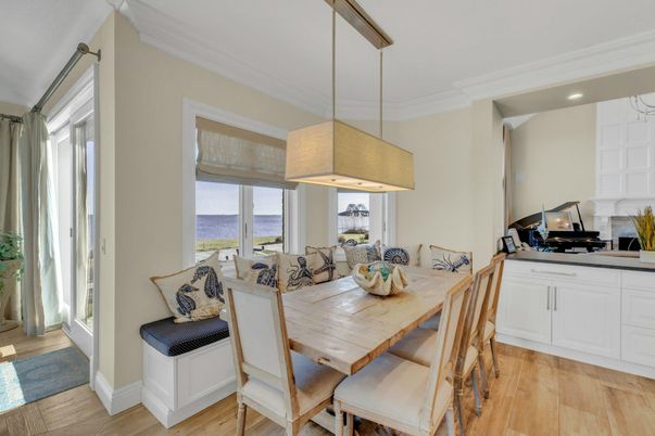 Dining room, Interior, Kitchen, Pendant Lights, Recessed Lighting, Water, Wood Texture Flooring