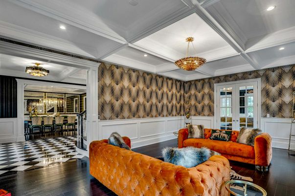 Chandelier, Interior, Living room, Recessed Lighting, Wood Texture Flooring