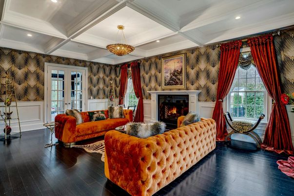 Chandelier, Fireplace, Interior, Living room, Recessed Lighting, Wood Texture Flooring