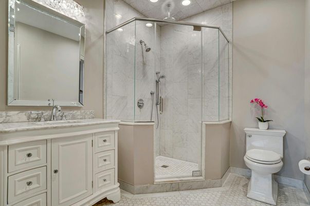 Bathroom, Glass Shower, Interior, Marble Walls, Recessed Lighting