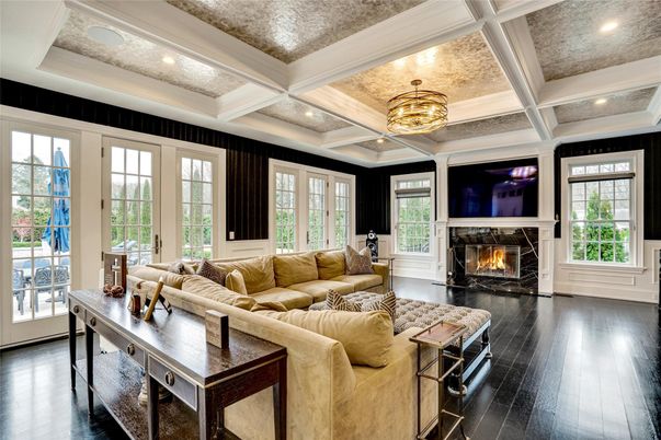 Chandelier, Fireplace, Interior, Living room, Recessed Lighting, Wood Texture Flooring