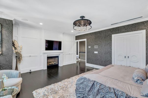 Bedroom, Fireplace, Interior, Recessed Lighting, Wood Texture Flooring