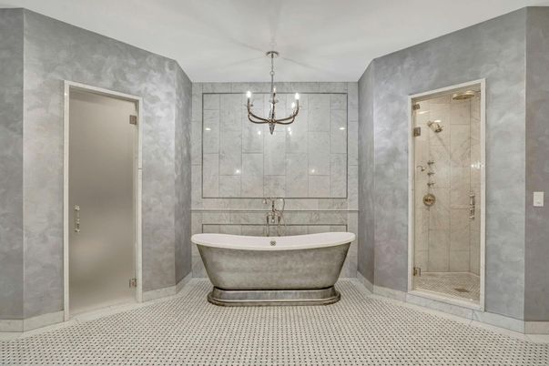 Bathroom, Free Standing Baths, Glass Shower, Interior, Marble Walls, Pendant Lights