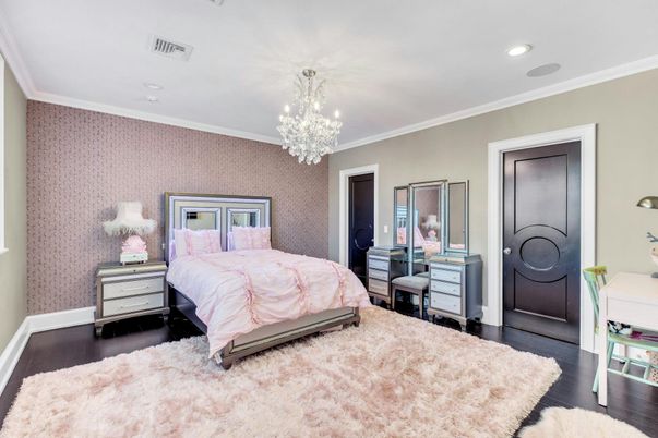 Bedroom, Chandelier, Interior, Recessed Lighting, Wood Texture Flooring