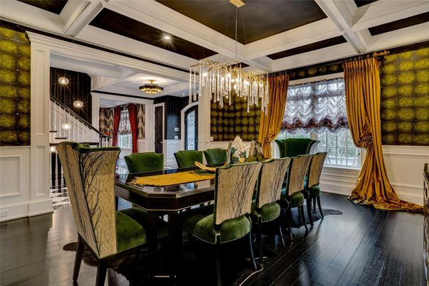 Chandelier, Dining room, Interior, Pendant Lights, Recessed Lighting, Wood Texture Flooring