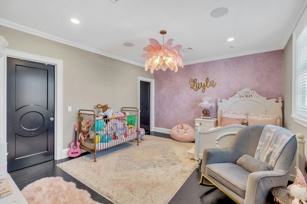 Bedroom, Chandelier, Interior, Recessed Lighting, Wood Texture Flooring