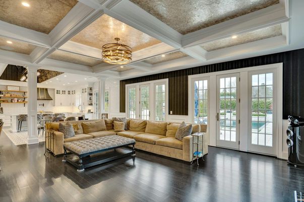 Chandelier, Interior, Kitchen, Living room, Recessed Lighting, Stainless Steel Appliances, Wood Texture Flooring