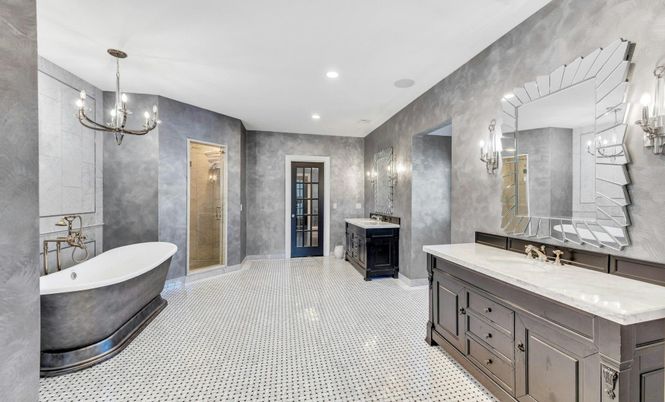 Bathroom, Dual Sink Vanities, Free Standing Baths, Interior, Pendant Lights, Recessed Lighting