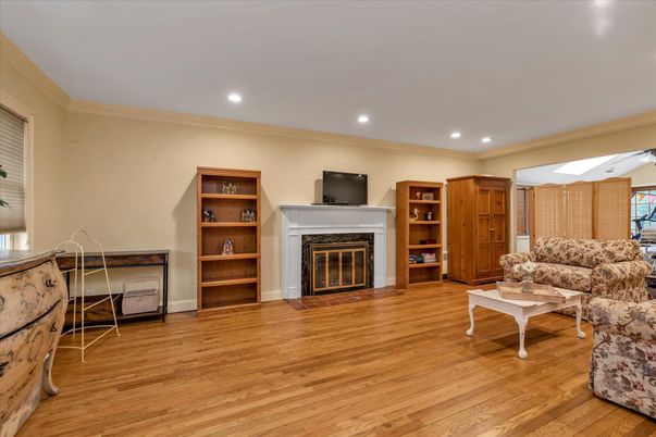 Fireplace, Interior, Living room, Recessed Lighting, Wood Texture Flooring