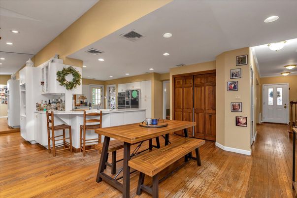 Dining room, Interior, Kitchen, Recessed Lighting, Wood Texture Flooring