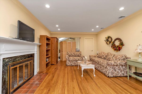 Fireplace, Interior, Living room, Recessed Lighting, Wood Texture Flooring