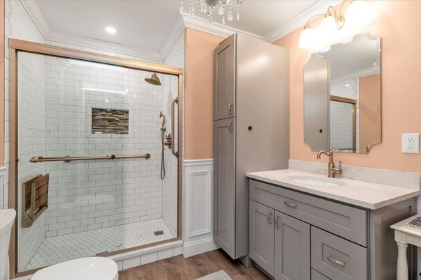 Bathroom, Glass Shower, Interior, Recessed Lighting, Wood Texture Flooring
