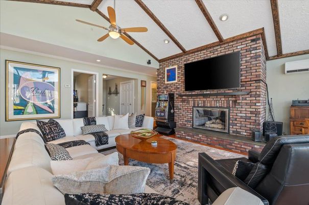Fireplace, Interior, Living room, Recessed Lighting, Stone Walls, Wooden Beams