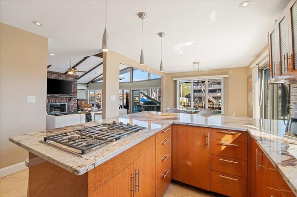 Fireplace, Interior, Kitchen, Pendant Lights, Recessed Lighting