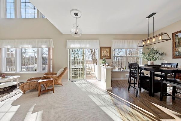 Dining room, Interior, Pendant Lights, Wood Texture Flooring