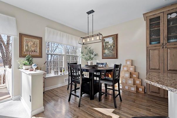 Dining room, Interior, Pendant Lights, Wood Texture Flooring