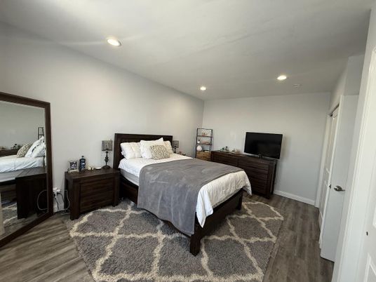 Bedroom, Interior, Recessed Lighting, Wood Texture Flooring