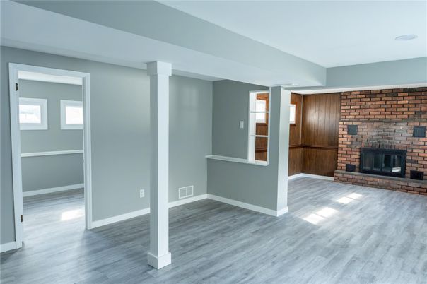 Empty room, Fireplace, Interior, Stone Walls, Wood Texture Flooring