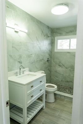 Bathroom, Interior, Marble Walls, Wood Texture Flooring
