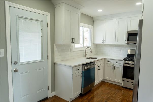 Interior, Kitchen, Recessed Lighting, Stainless Steel Appliances, Wood Texture Flooring