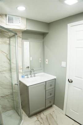 Bathroom, Glass Shower, Interior, Marble, Marble Walls, Recessed Lighting