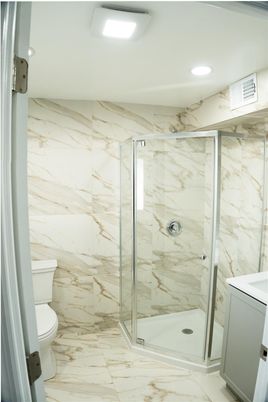 Bathroom, Glass Shower, Interior, Marble, Marble Walls, Recessed Lighting
